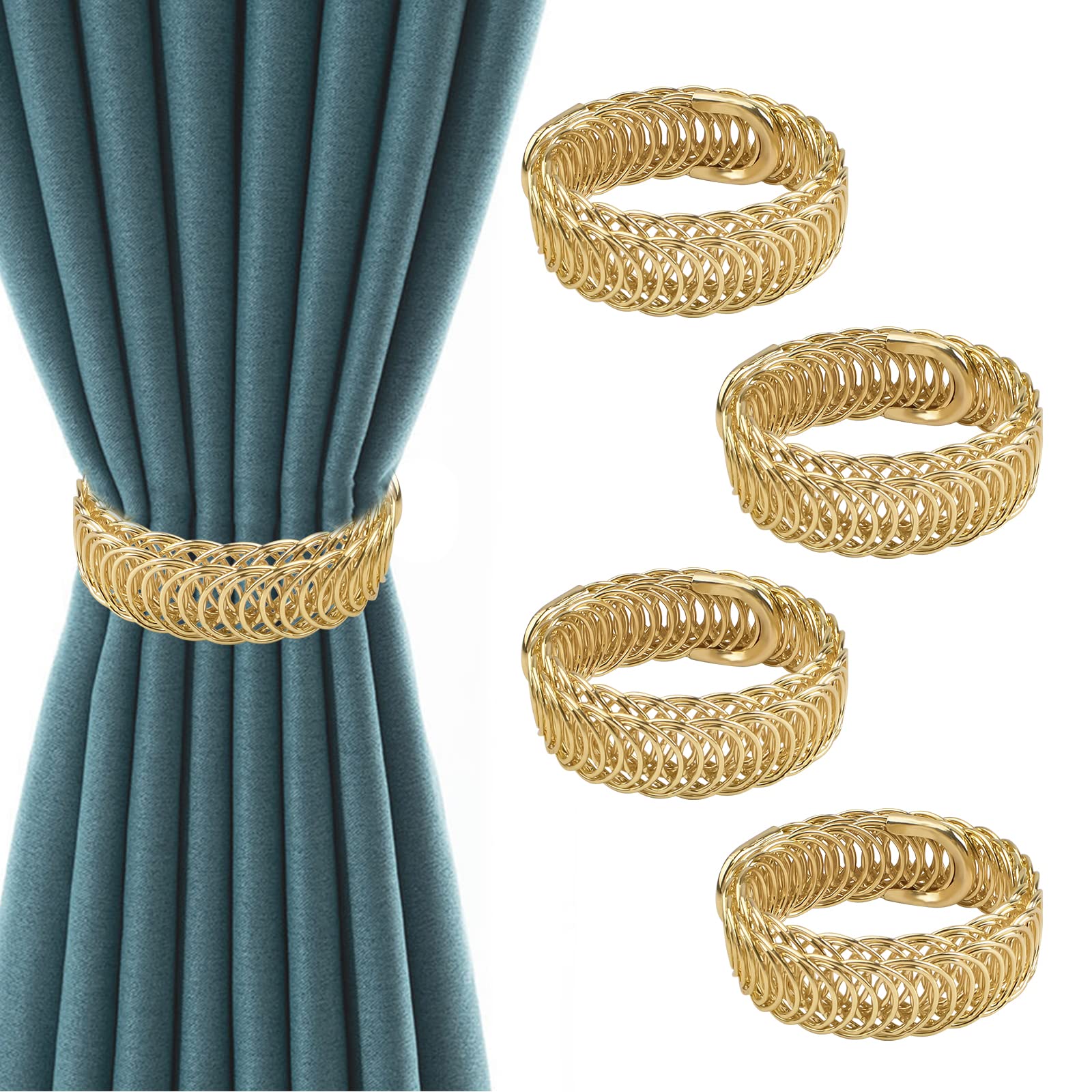 UFURMATE Curtain Tie Backs, 4Pcs Alloy Drapery Holdback Modern Simple Style Curtain Tiebacks Strenchy Wire Rope Curtain Straps for Home Decor (Gold)