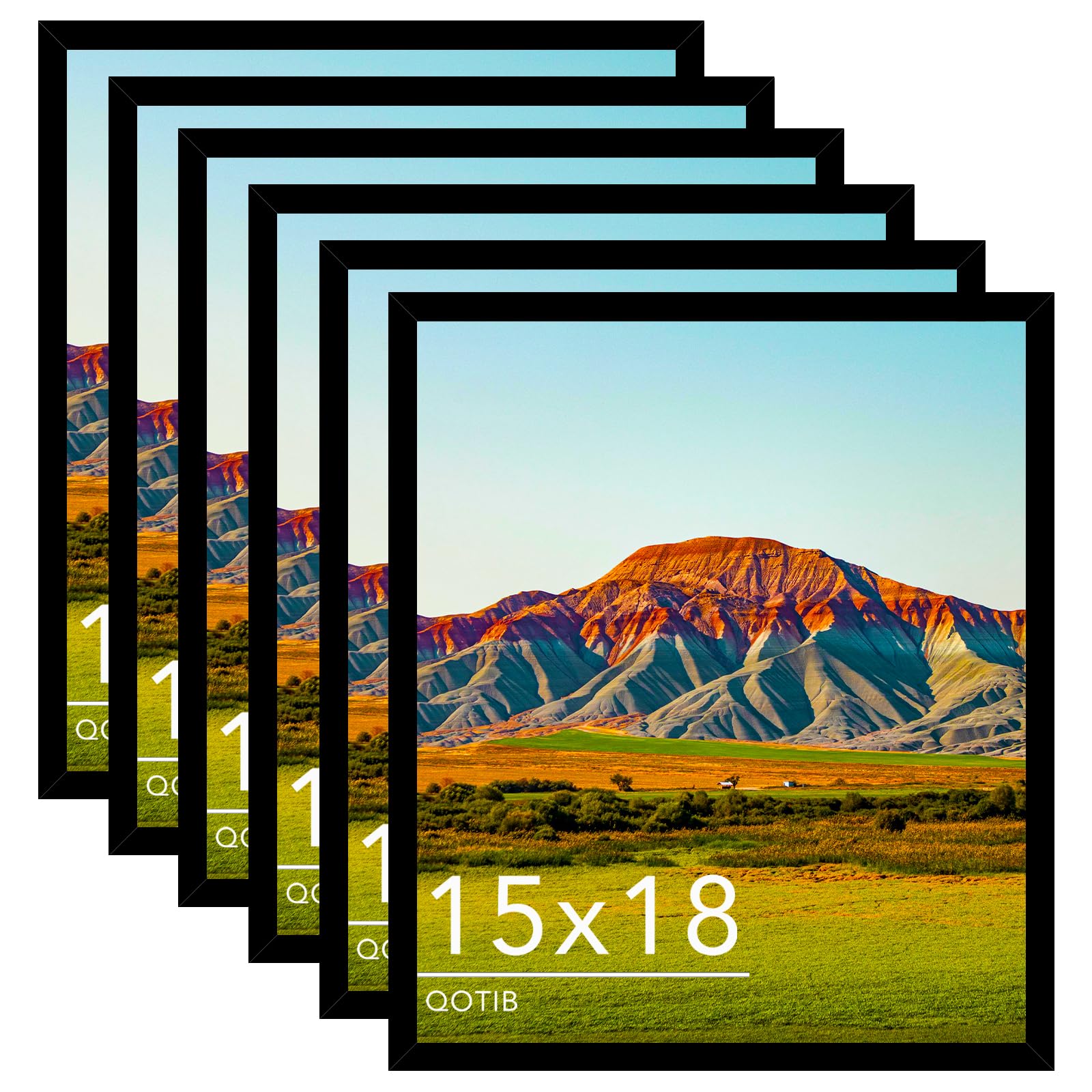 QOTIB 15x18 Picture Frame Black for Wall Mounting Set of 6, Horizontal and Vertical Formats for Wall Hanging, Wood 15x18 Frame, Black, 6 Pack