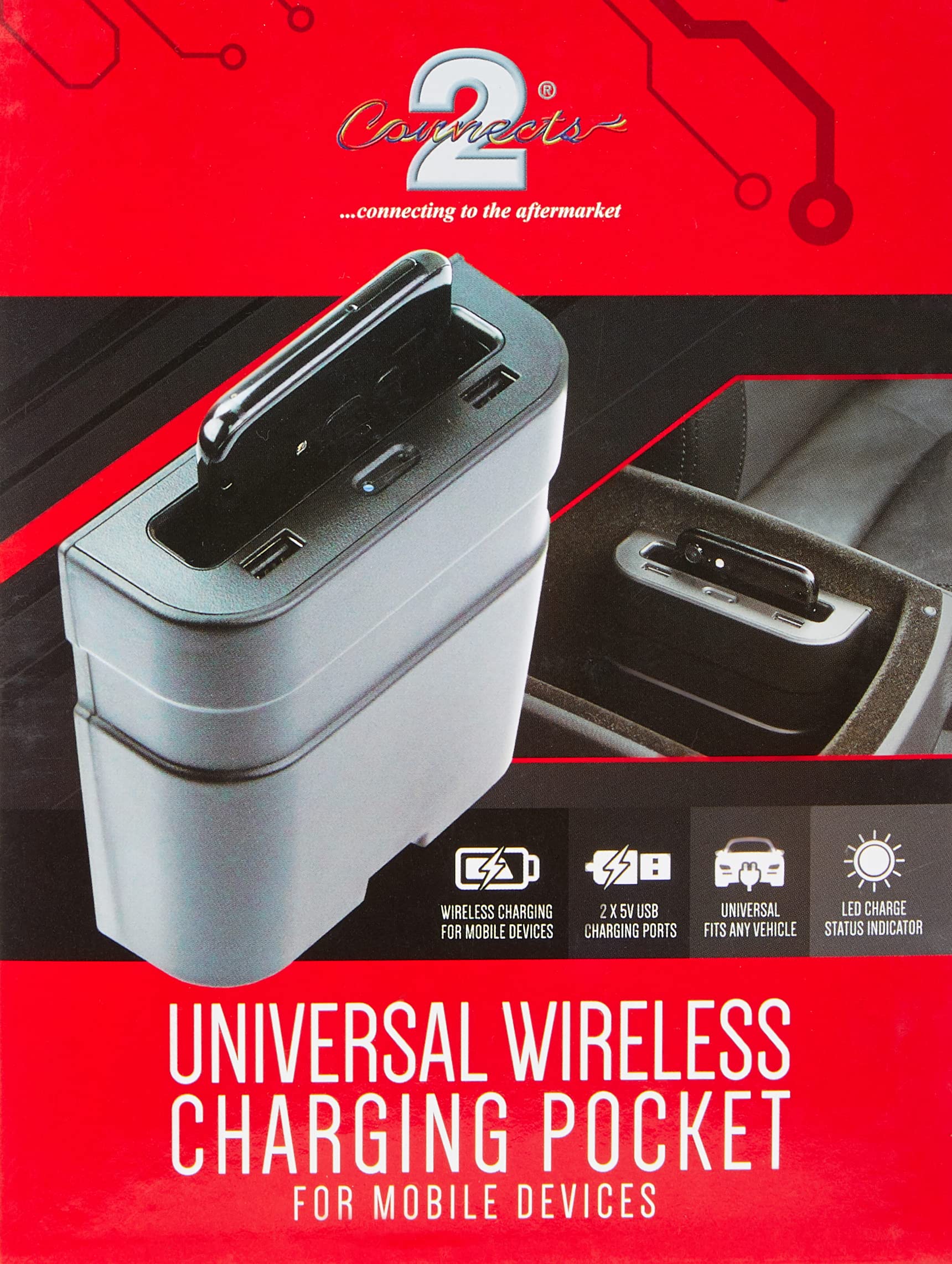 Connects2 CTQIUV03 10W Qi Universal Wireless Car Charger Holder with 2X Extra USB Charging Points & Installation Bracket, Pocket-Includes, Black, 128mm x 115mm x 43mm