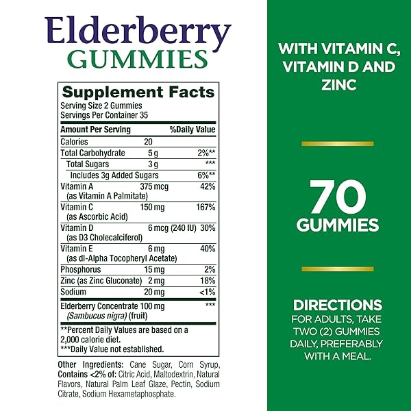 NATURE’S BOUNTY ELDERBERRY GUMMIES, DIETARY SUPPLEMENT, SUPPORTS IMMUNE HEALTH, CONTAINS VITAMIN A, C, D, E AND ZINC, 100 MG, 70 GUMMIES