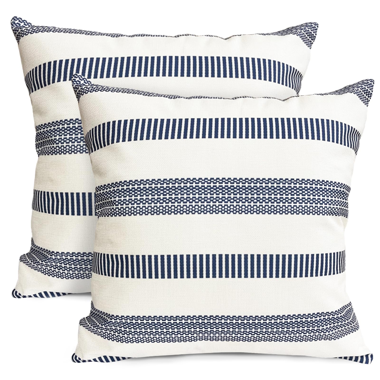 RYSMIYOU Decorative Throw Pillow Covers Set of 2 Blue Boho Striped Pillow Covers 18x18 Inch Throw Pillow Cover Linen Pillowcase Farmhouse Outdoor Pillow Covers for Couch Sofa Bed Living Room