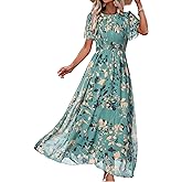 Simplee Womens Summer Floral Summer Maxi Dresses Boho Flowy Flutter Short Sleeve Crew Neck Vacation Smocked Chiffon Dress