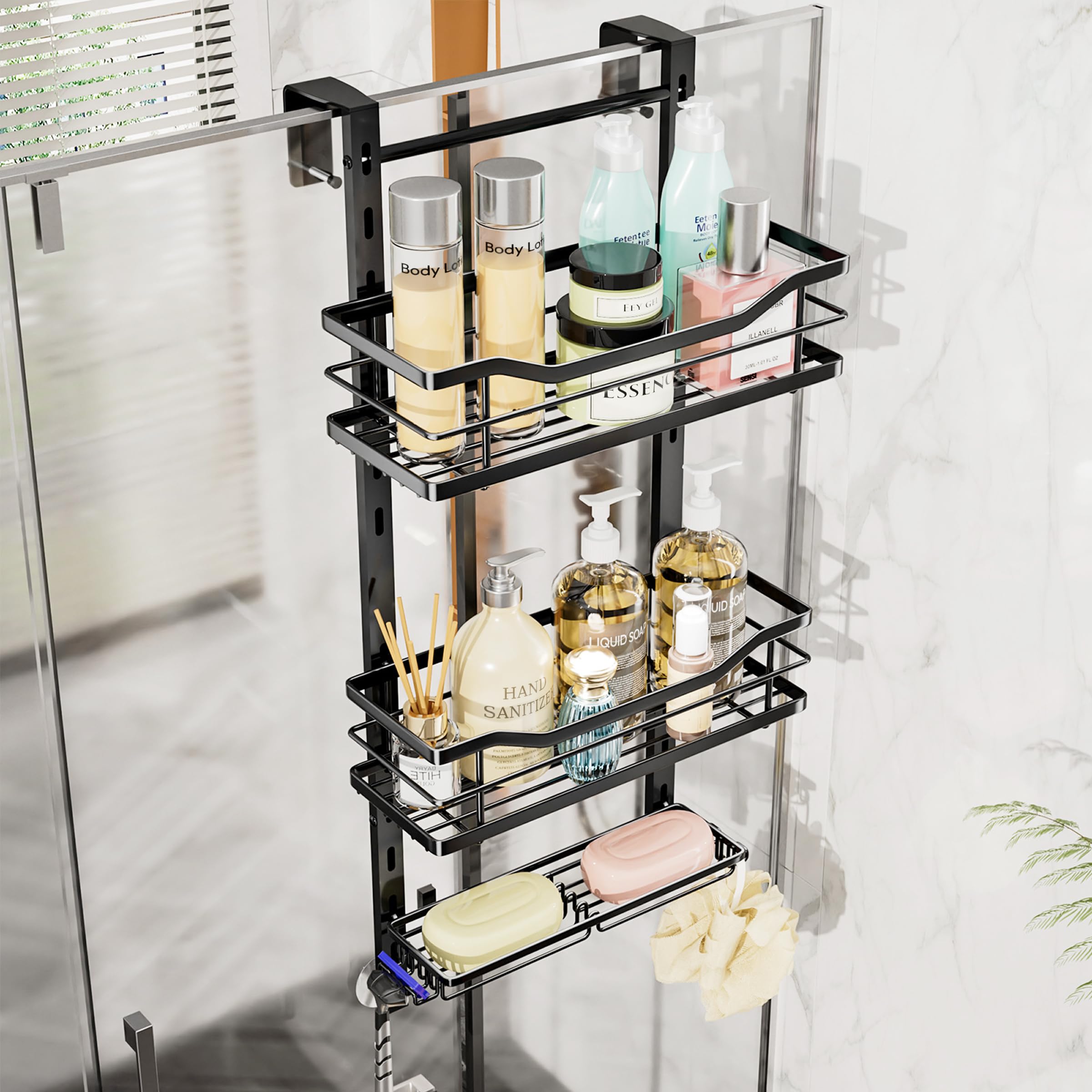 SWTYMIKI Over Door Shower Caddy - 3 Tier Adjustable Shower Caddy Hanging with Hooks and Soap Holder, No Drilling Rustproof Bathroom Shower Organiser Hanging Caddy for Body Wash, Shampoo, Soap, Razor