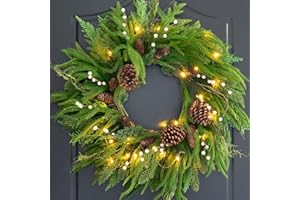 Pinkpuii Prelit Christmas Wreaths for Front Door 24 Inch- Real Touch Norfolk Pine Wreath with Lights,Green Evergreen Outdoor Xmas Wreath with Natural Pine Cones and Berries for Farmhouse Home Decor