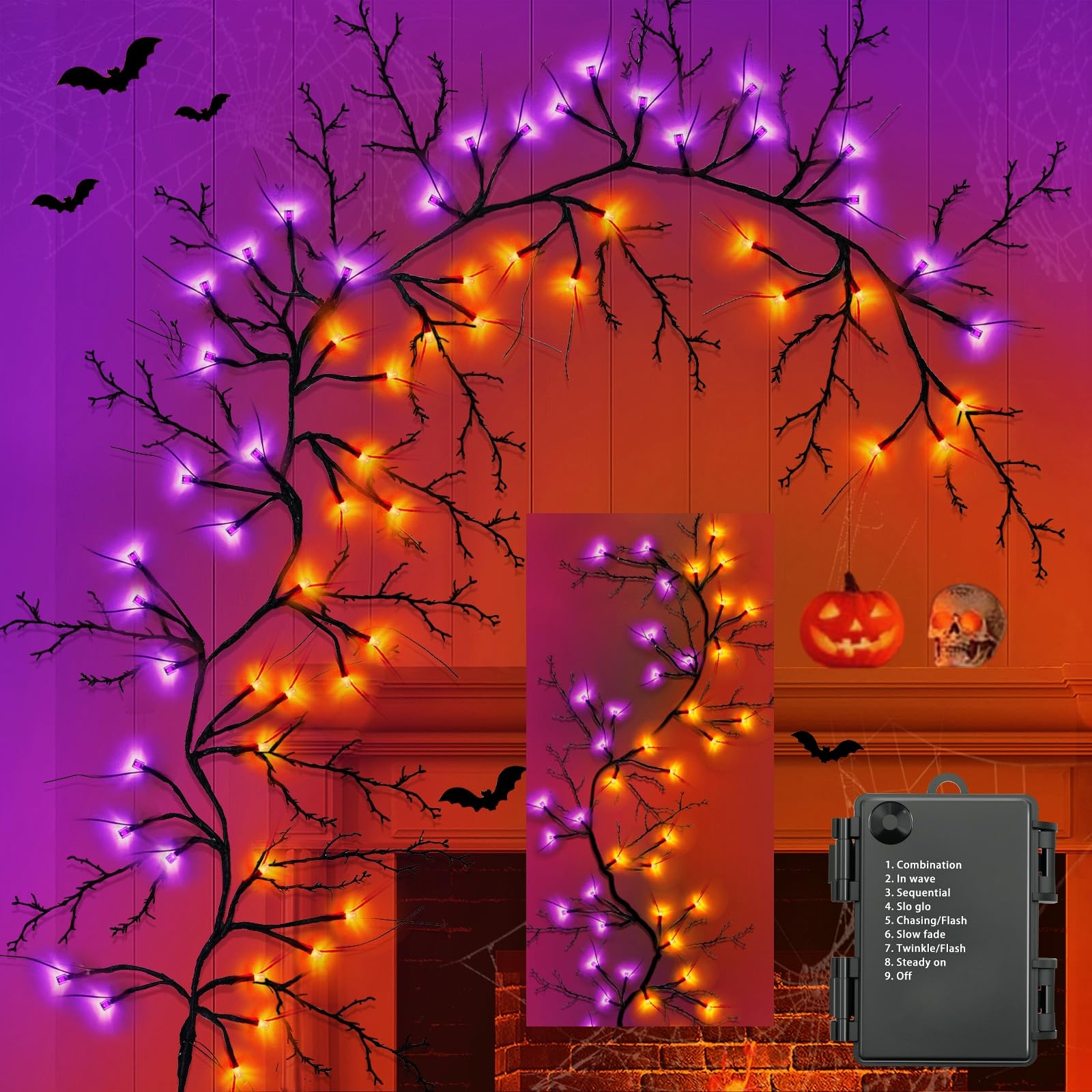 Photo 1 of [8 Modes & Timer] 6 Ft 54LED Halloween Garland with Lights, Orange Purple Willow Vine Twig Garland Battery Operated Indoor Outdoor Fireplace Table Wall Home Party Halloween Decor