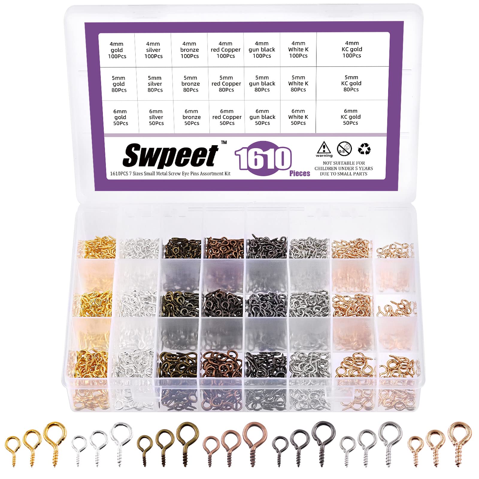 Swpeet 1610 Pcs 3 Sizes Metal Screw-in Eye Bolts & Hooks Kit