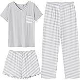 Ekouaer Women's 3 Piece Pajama Set Short Sleeve Sleepwear Pj Set Top and Shorts Pants Pjs with Pockets