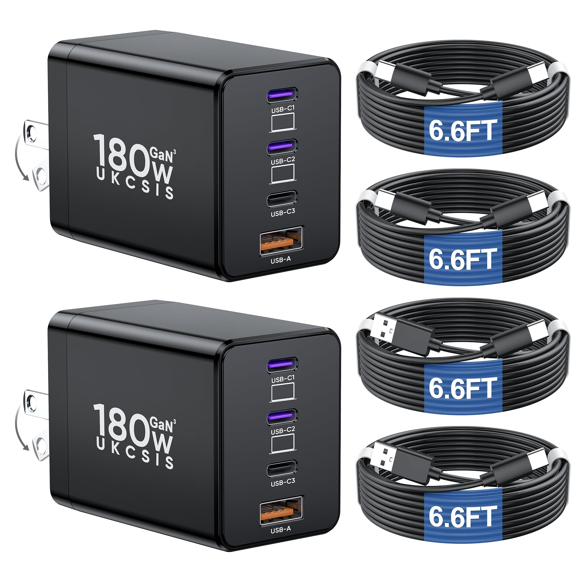 Photo 1 of 2 Pack 180W USB C Charger Block, Foldable 4-Port GaN Fast Wall Charger, Dual 65W Type C Charging Block, Laptop Fast Charging Adapter for MacBook Pro/Air, iPad, iPhone, Samsung Galaxy Black