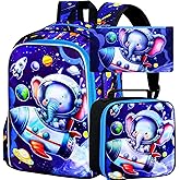KLFVB 3PCS Boys Elephant Backpack, Water Resistant Kids Space Bookbag with Lunch Box, 16" Preschool Backpacks for Elementary - Rocket Elephant