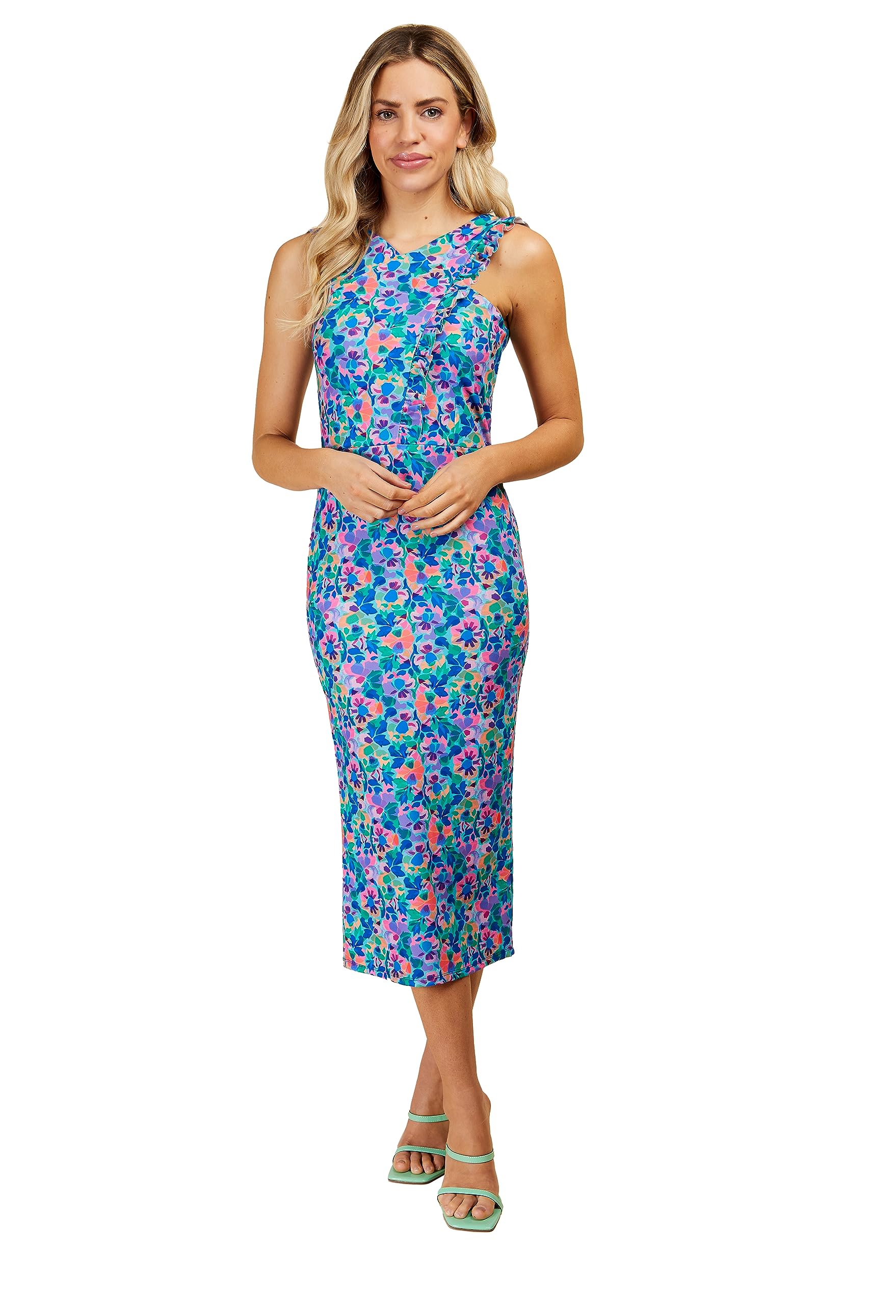 Little Mistress Blue Floral Print Crossover Neckline Midi Dress, 12