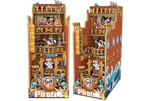 TuKIIE DIY Book Nook Miniature Kit, Booknook Dollhouse Bookshelf Insert, 3D Wooden Puzzles Decorative Bookend Stand Model Kits for Kids Teens Adults(Pirate House)