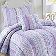 Cozy Line Home Fashions Shabby Chic Romantic Lace Purple Blue Floral Cotton Bedding Quilt Set, Reversible Coverlet, Bedspread (Lavender, Queen-4 Piece: 1 Quilt+2 Shams+1 Decor Pillow)