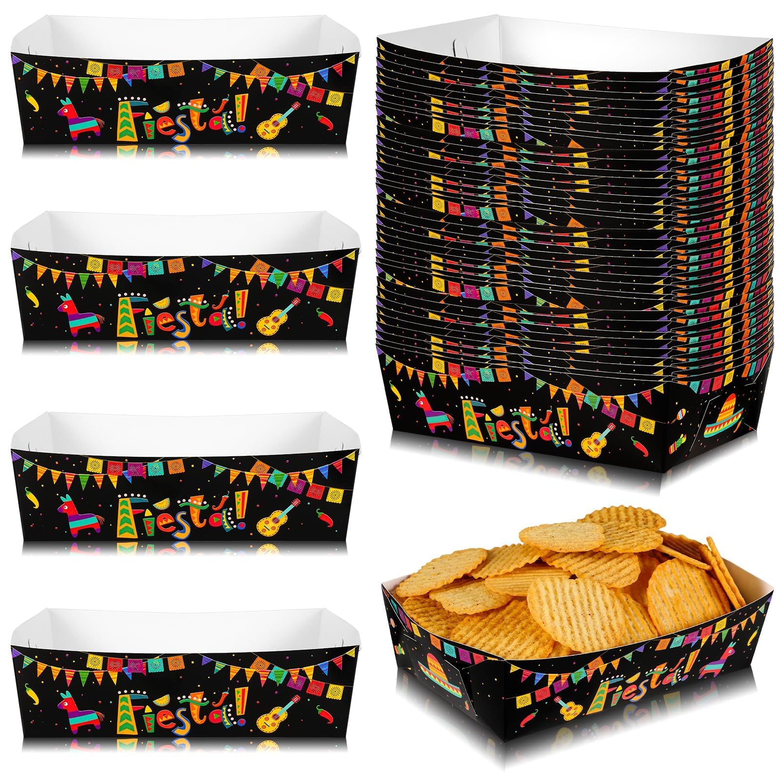 Photo 1 of 100 Pieces Fiesta Snack Trays Mexican Paper Food Trays Disposable Cinco De Mayo Nacho Hot Dog Taco Popcorn Holder Trays for Day of the Dead Mexican Taco Themed Party