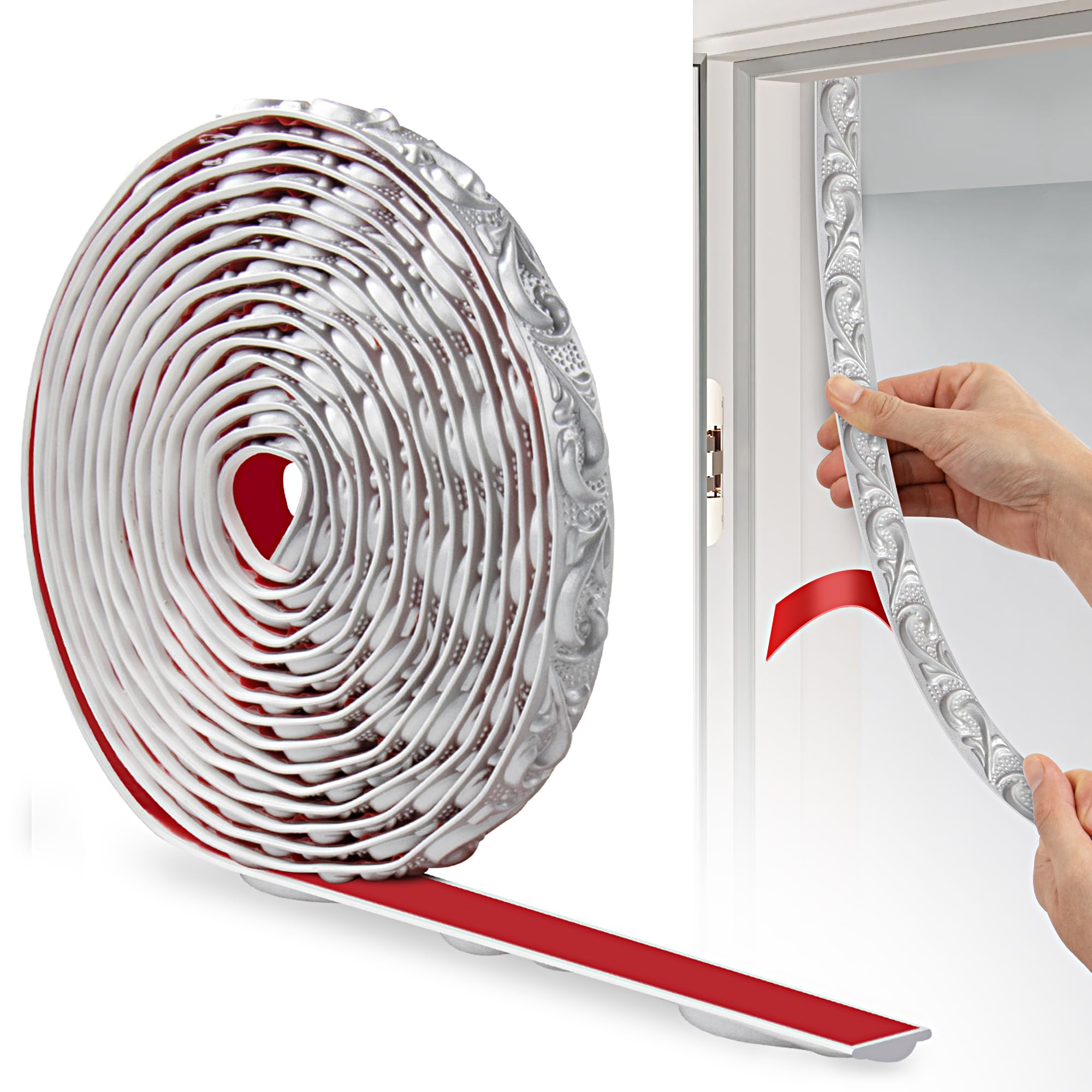 JUNART PVC Moldings Trim, 600cm×2cm, 3D Wallpaper Border, Coving for Ceilings, Flexible Ceiling Moulding Trim for Mirror Edge, TV Background Wall, Skirting Boards, Cabinet, Wall(Silver)