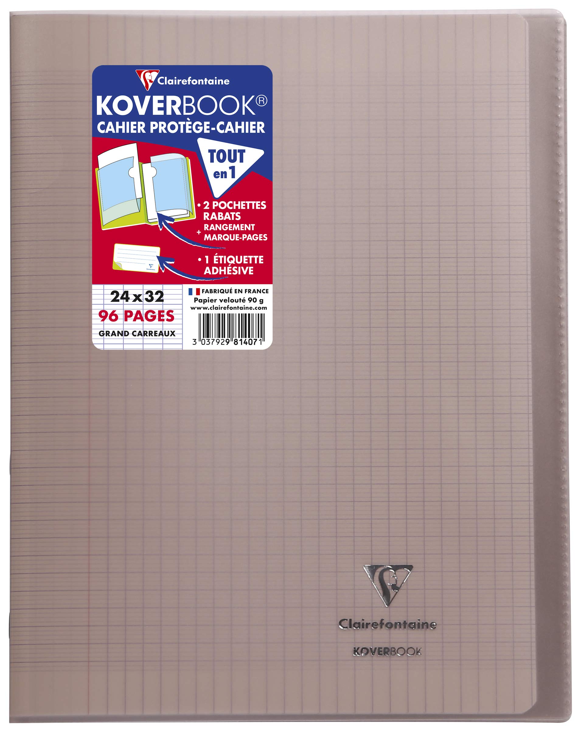 Clairefontaine 981407C - One Grey Koverbook Stapled Notebook - Dimensions: 24 cm x 32 cm - 96 Seyes Ruled Pages - 90 g White Vellum Paper - Polypro Cover
