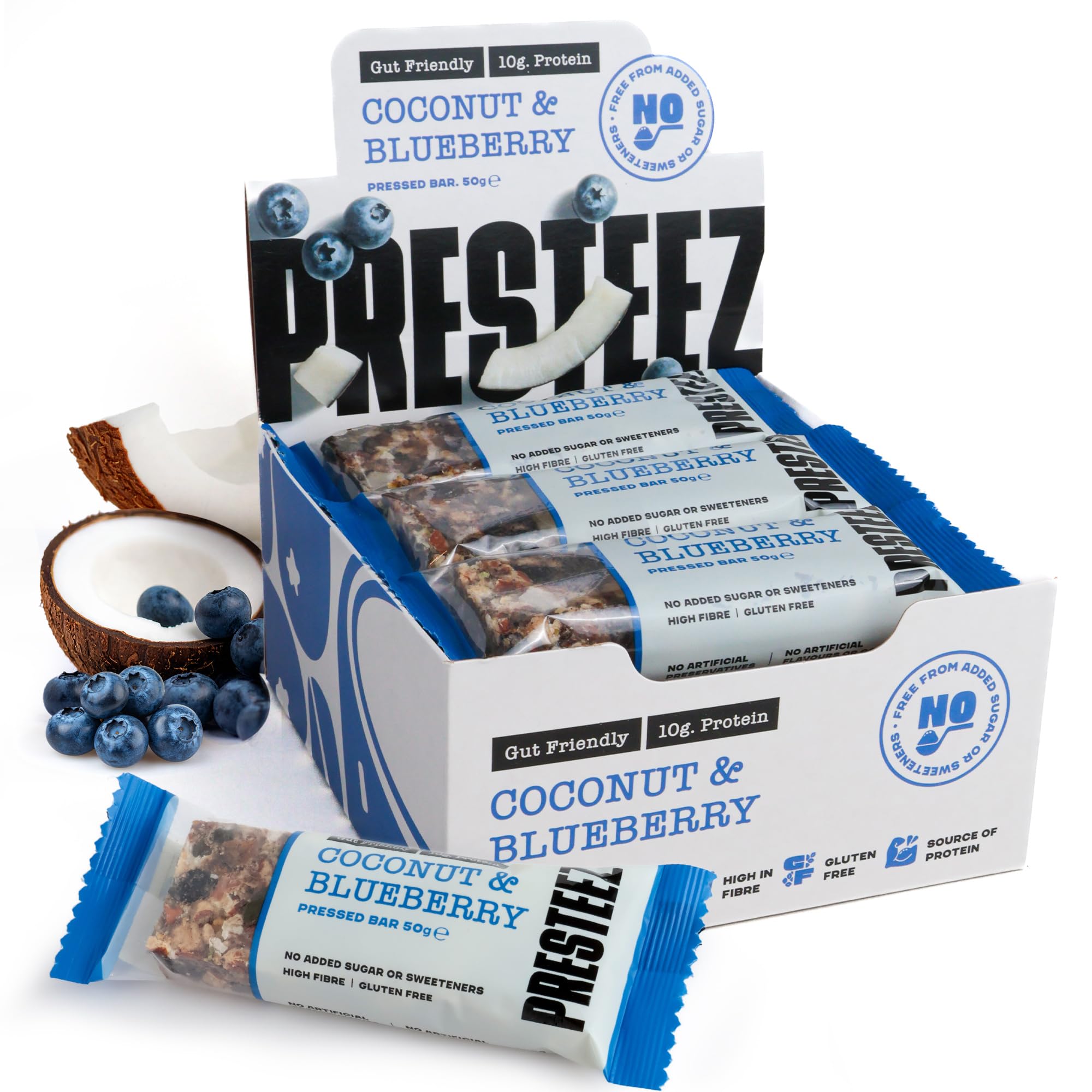 Presteez Coconut & Blueberry 50g Energy Bars - No Added Sugar or Sweeteners, Gluten Free, High Fibre, Protein Enhanced Healthy Snacks with Prebiotics, Fibre & Vitamin C, 10g Protein, 12 Pack
