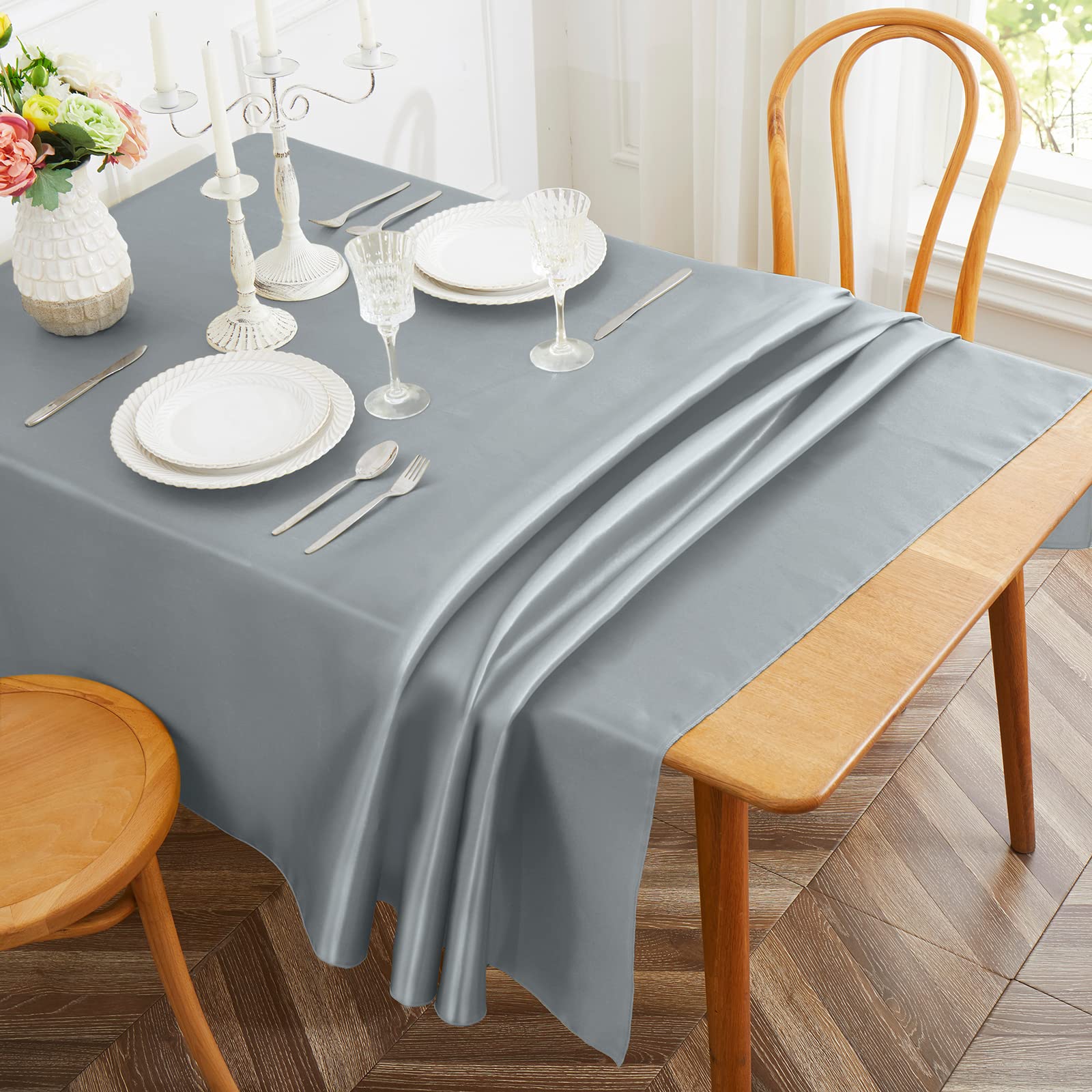Photo 1 of Cobedzy 1 Pack Silver Satin Tablecloth, 58 x 102 Inches Rectangle Silver Table Cover, Smooth Fabric Satin Table Cloths, Luxury Silk Tablecloth for Party Wedding Dinner Restaurant