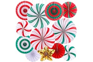 FOIMAS Christmas Hanging Paper Fan Decoration, 12pcs Peppermint Candy Hanging Fans for Ceiling Wall Classroom Mantle Xmas Candyland Holiday Party Supplies, Red and Green