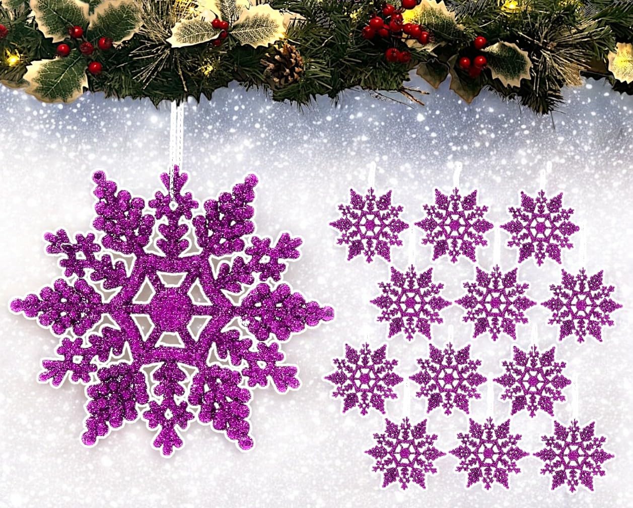 12pk Glitter Snowflake Hanging Decorations, Christmas Tree Snowflake Baubles/Ornaments (Dk Purple)
