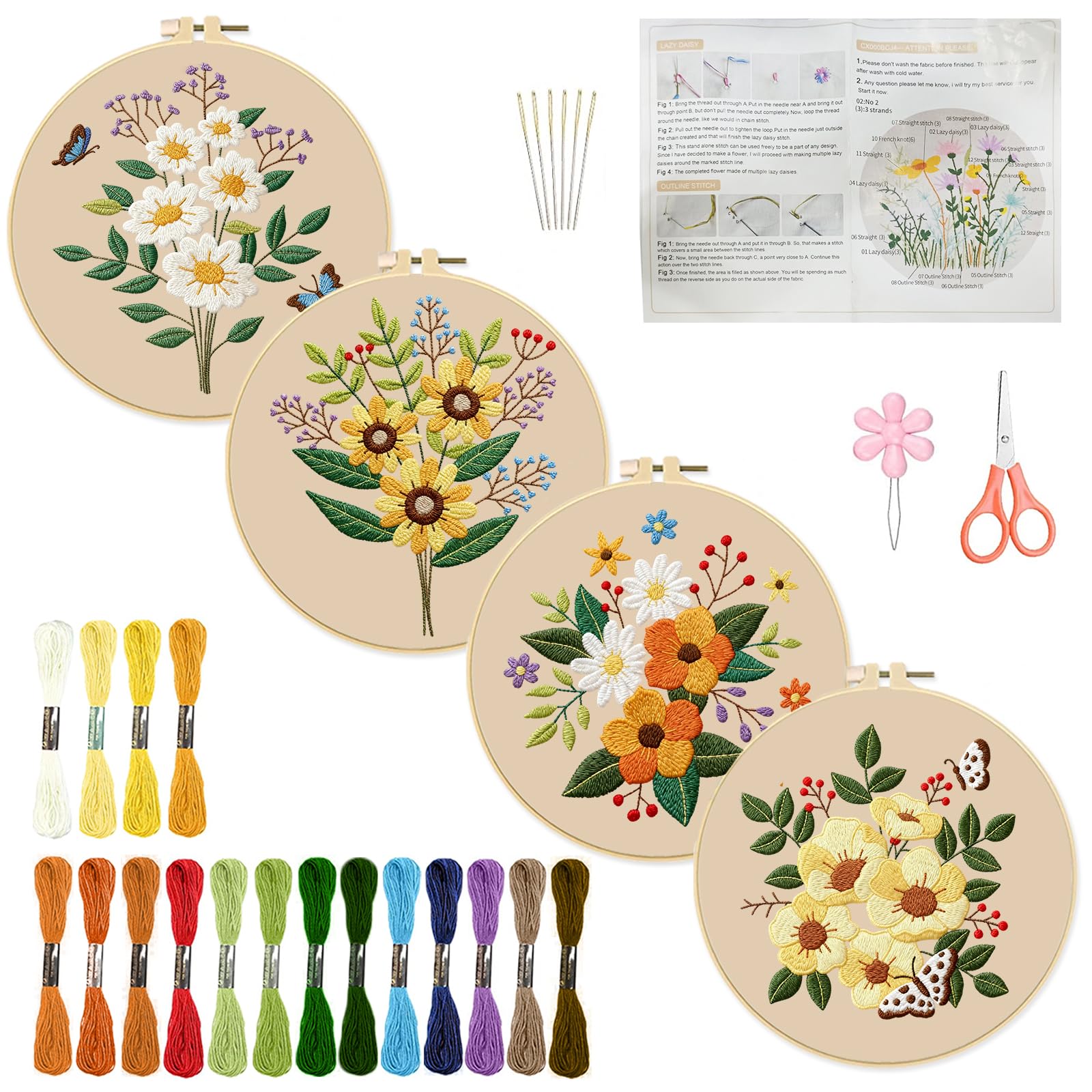 INFUNLY 4 Set Flower Embroidery Starter Kit for Adults Butterfly Floral Cross Stitch Kits for Beginners Stamped Embroidery Kit with Instructions, 2 Embroidery Hoops, Needles, Threads for DIY Craft โ image 1