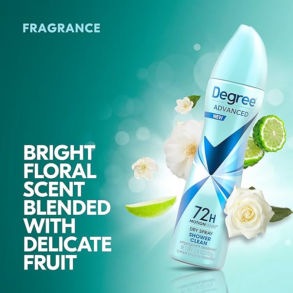 DEGREE ADVANCED ANTIPERSPIRANT DEODORANT DRY SPRAY SHOWER CLEAN 72-HOUR SWEAT AND ODOR PROTECTION SPRAY ANTIPERSPIRANT FOR WOMEN WITH MOTIONSENSE TECHNOLOGY 3.8 OZ