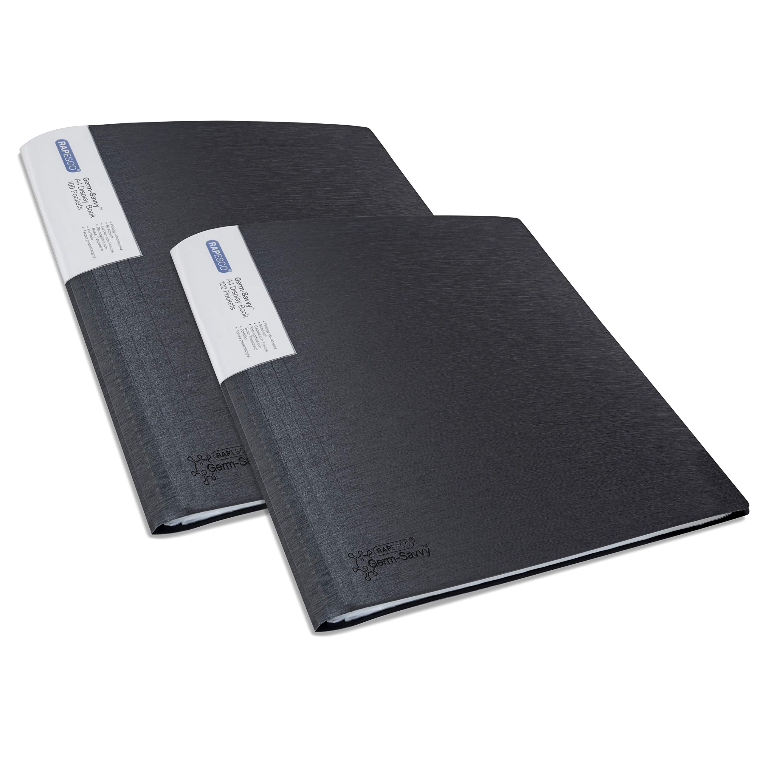 Rapesco 1645 Presentation Folder with Antibacterial Protection, 100 Pockets, A4, Black, Pack of 2