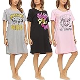 Essential Elements 3 Pack: Womens 100% Cotton Sleep Shirt - Soft Printed Sleep Dress Nightgown Sleepwear Pajama Nightshirt