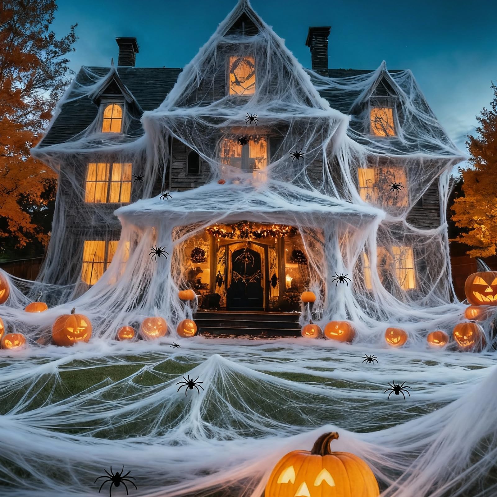 Photo 1 of Land Guard 200 sqft Spider Web, Bonus with 10 Artificial Spiders, Fabric Spider Webbing, Cobweb Halloween Decor for Indoor and Outdoor Party Supplies