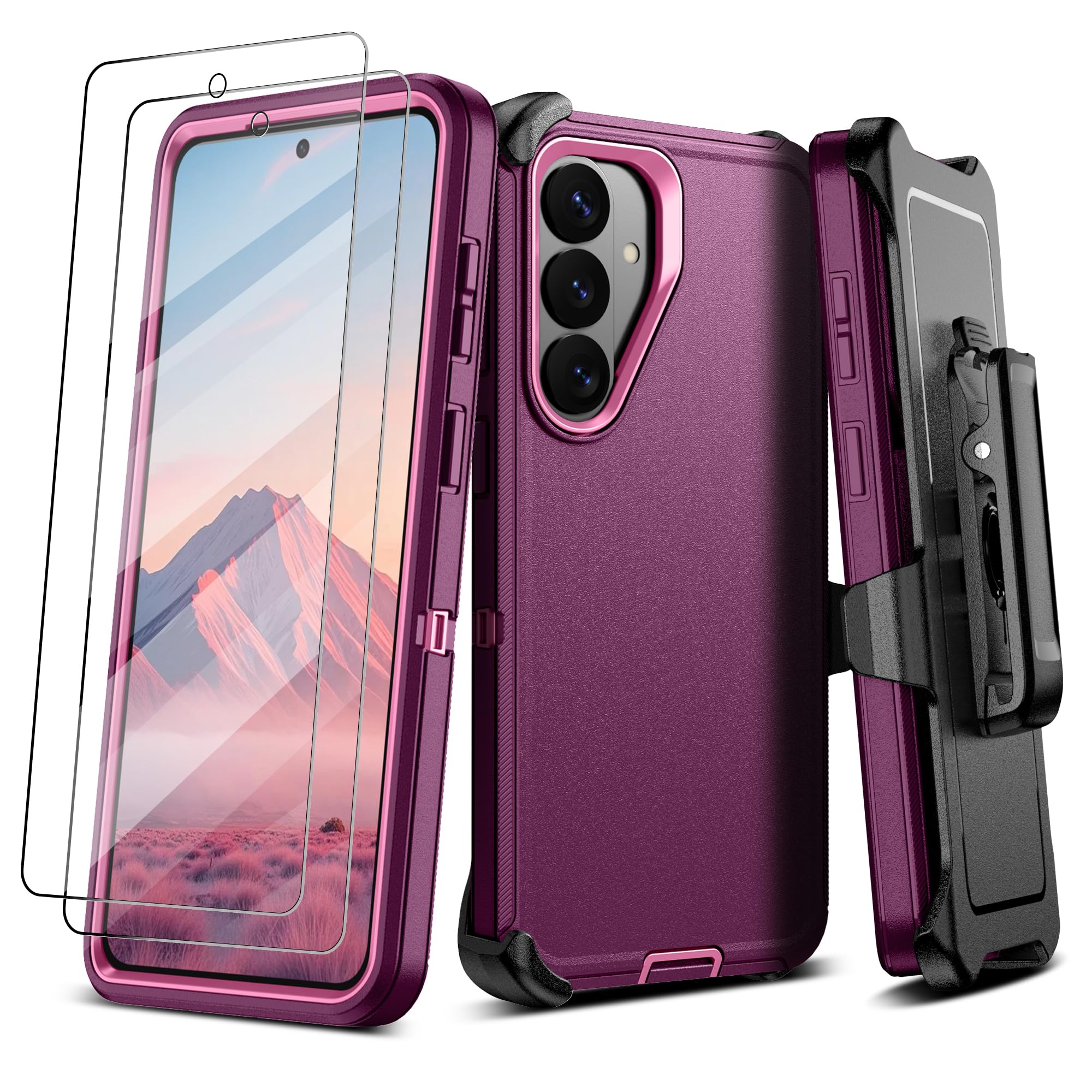 For Samsung Galaxy S26 Case with Belt Clip Holster:16FT Military Grade Drop Protection【Anti-Slip Design Case+ Belt Clip Holster】Heavy Duty/Shockproof Rugged with 2Pcs Screen Protector for S26-Purple
