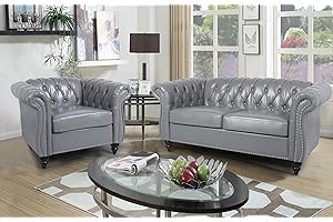 RARZOE 2 Pieces of Living Room Furniture Sofa Sets,Modern Contemporary Tufted Button Faux Leather Accent Club Chair&Chesterfield Loveseat Sofas Set with Nailhead Trim Scroll Arms for Home,Grey