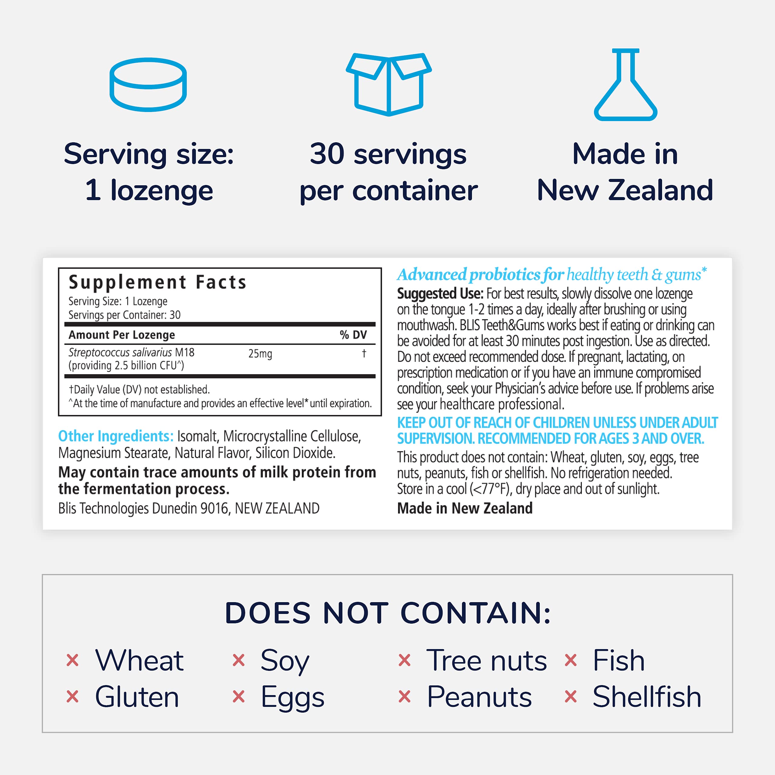 BLIS Teeth & Gums Oral Probiotics Lozenges for Mouth - Most Potent M18 Formula Available, 2.5 Billion CFU - Mouth Probiotic for Tooth and Gum Health, Adults and Kids - 30 Day Supply