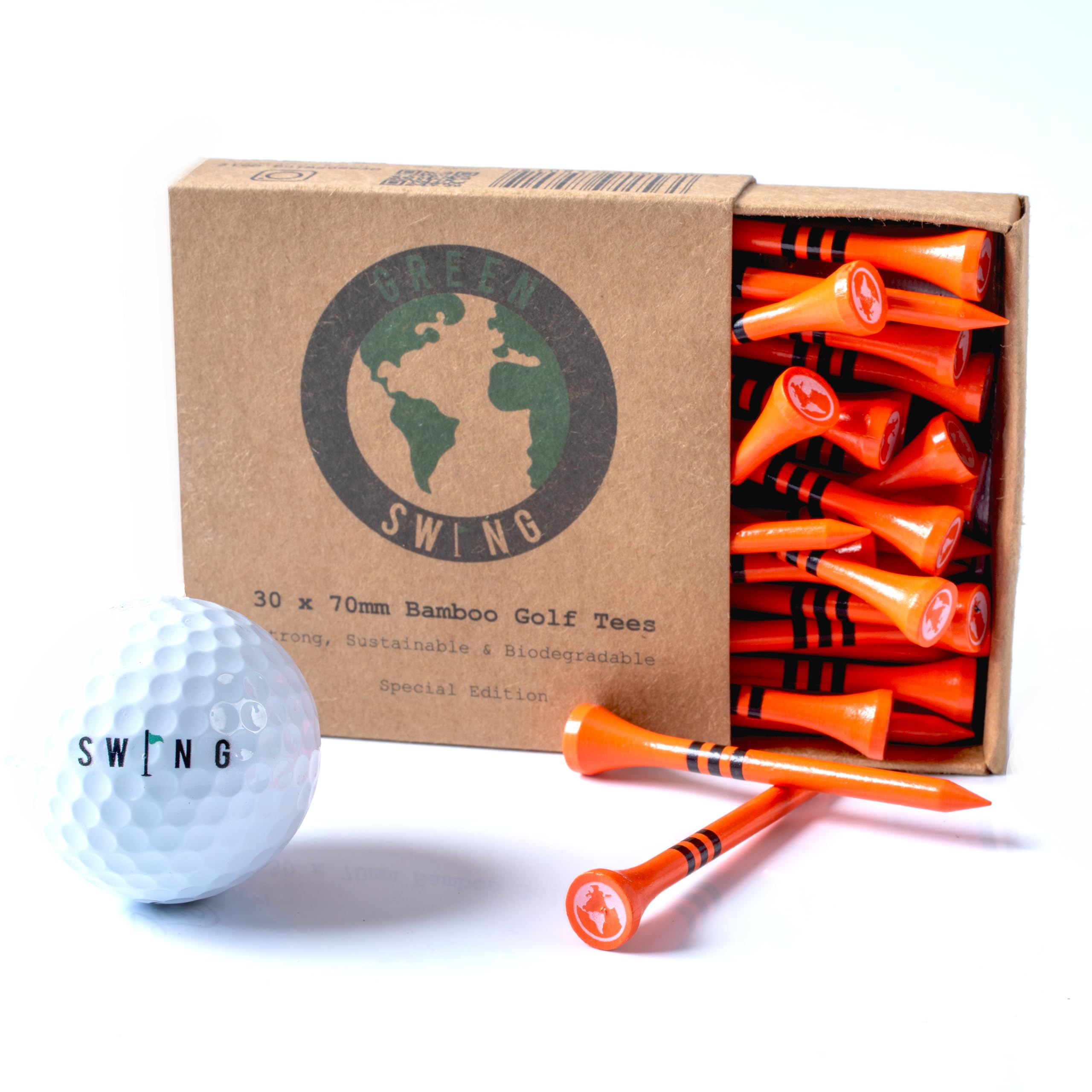 Green Swing Bamboo Golf Tees 70mm | Strong Sustainable Biodegradable | 30pcs (Orange)