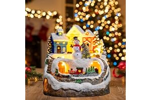 ZQQLITE Animated Musical Christmas Snowman Village Houses with Rotating Train, Lighted Christmas Village Collection Figurines for Home Tabletop Decorations Ornaments Gifts