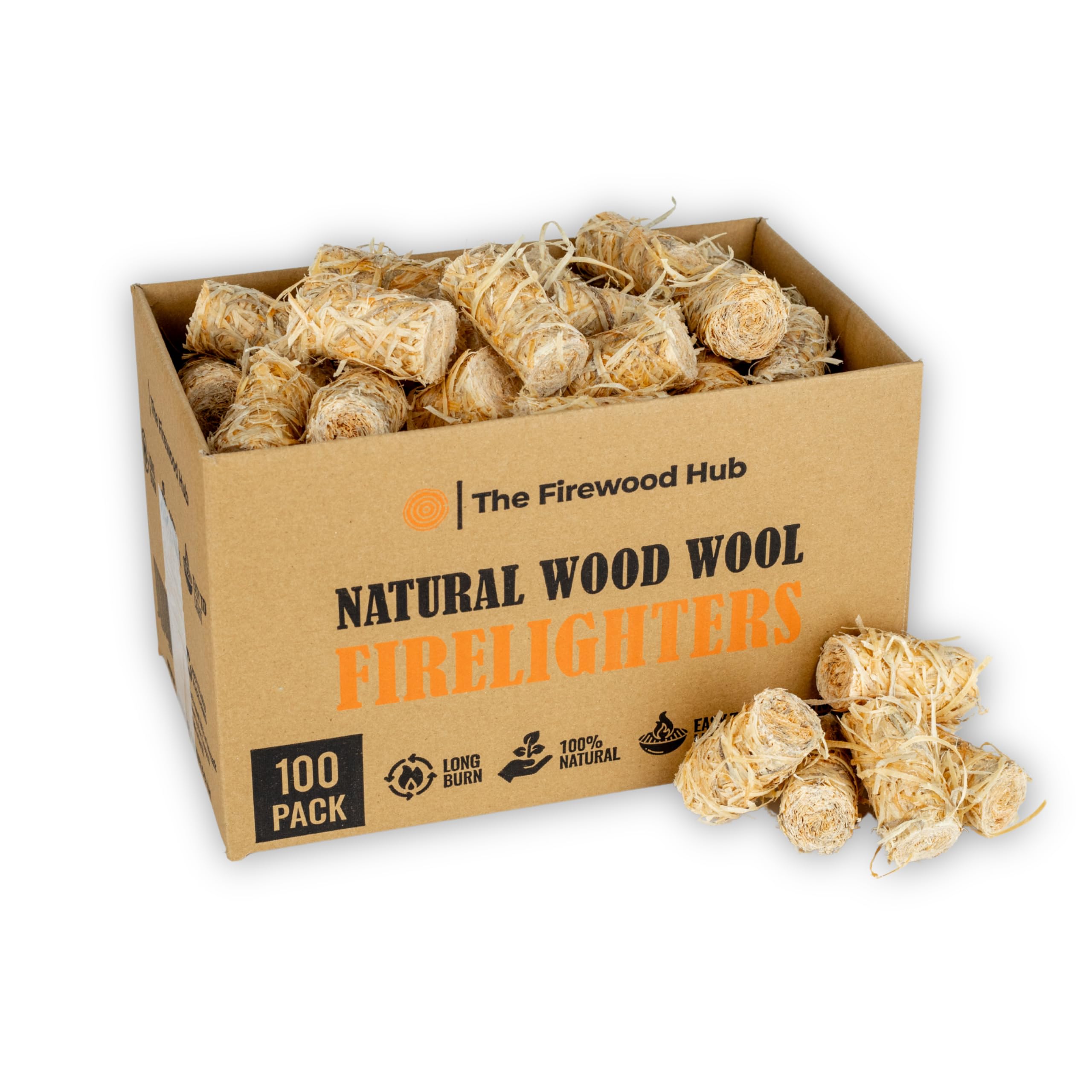 100 Wood Wool Fire Lighters - Natural Firelighters Made from Wood and Wax, Long Burn Time Up to 10 Minutes, Ideal Fire lighters for Log Burners, BBQ, Fireplace, and Campfires