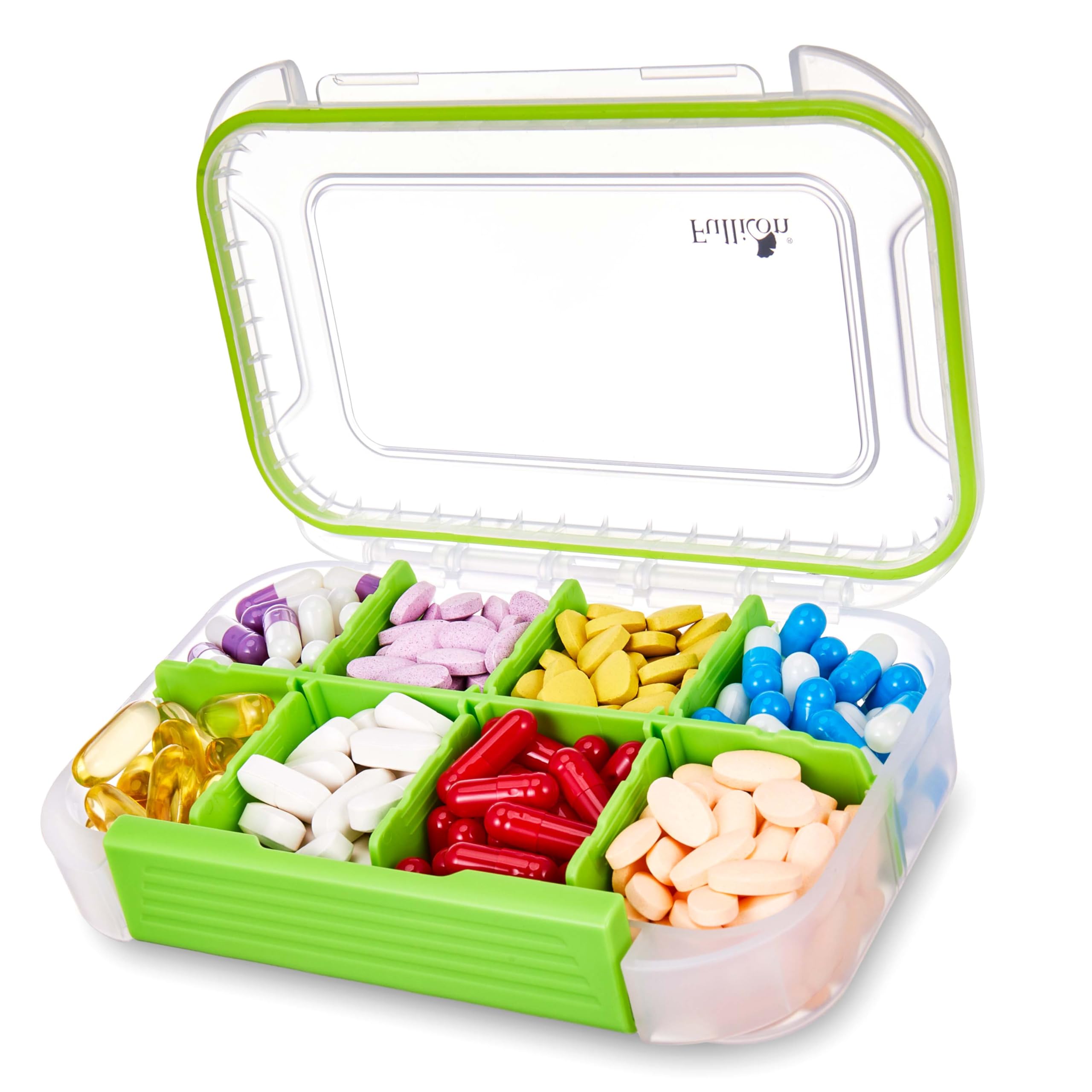 Photo 1 of Fullicon Large Pill Organizer with 8 Compartments, Moisture Proof Travel Pill Box with Removable Divider, Daily Pill Container with Lables, Pill Case for Vitamin, Fish Oil, Supplement (Clear Green)