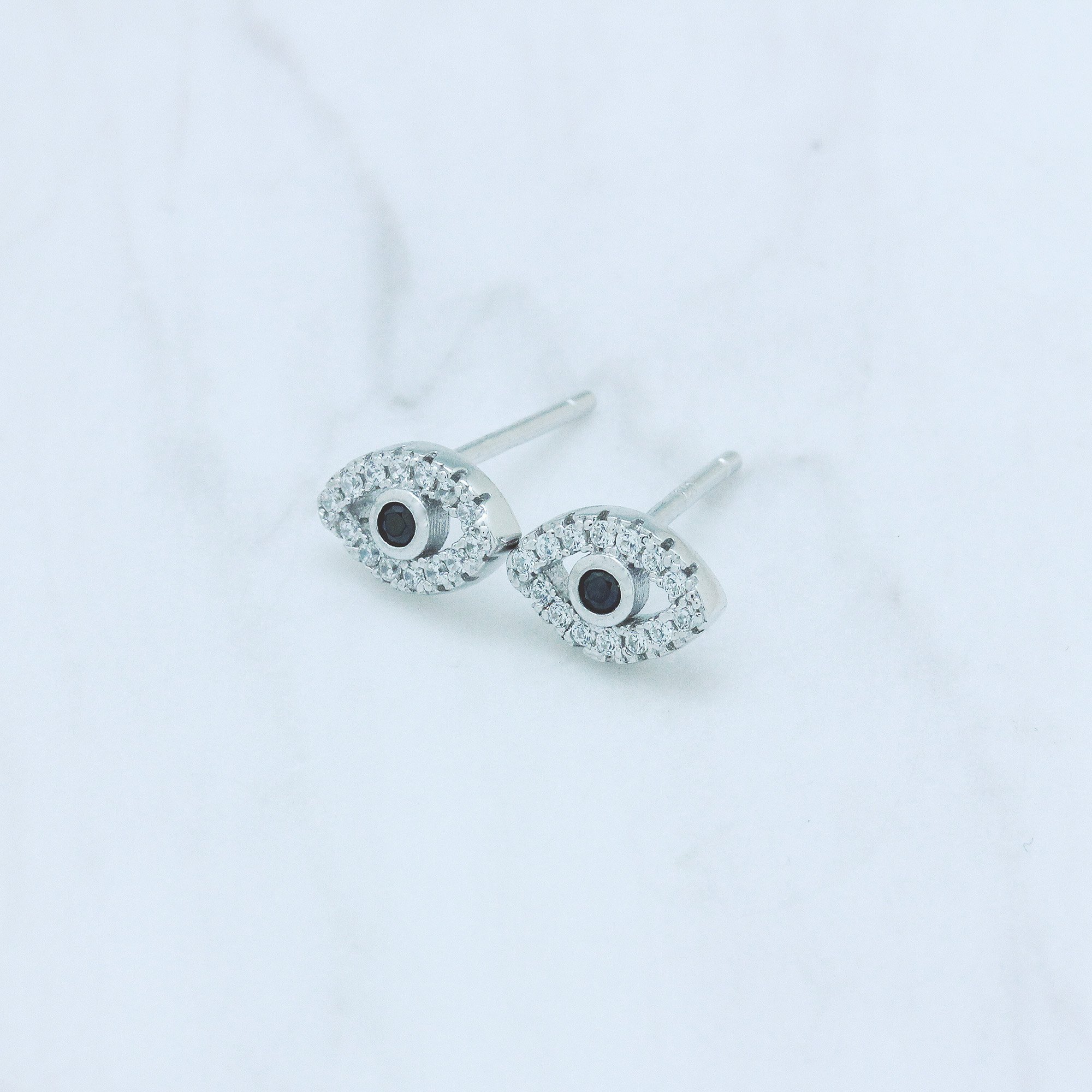 Rhodium-Plated Sterling Silver Cubic Zirconia Mini Evil Eye Jewish Symbol Stud Earrings