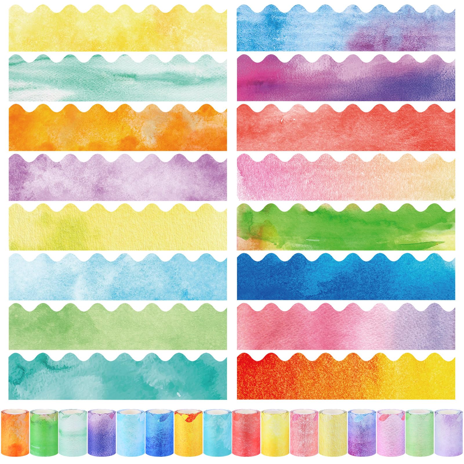 Photo 1 of Qeeenar 16 Rolls 263 ft Bulletin Board Borders Scalloped Border Trim Colorful Bulletin Board Strips Classroom Decoration Strips Decorative Poster for School Decor (Watercolor Colors)