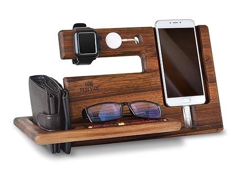 TESLYAR Natural Walnut Wood Phone Docking Station Key Holder