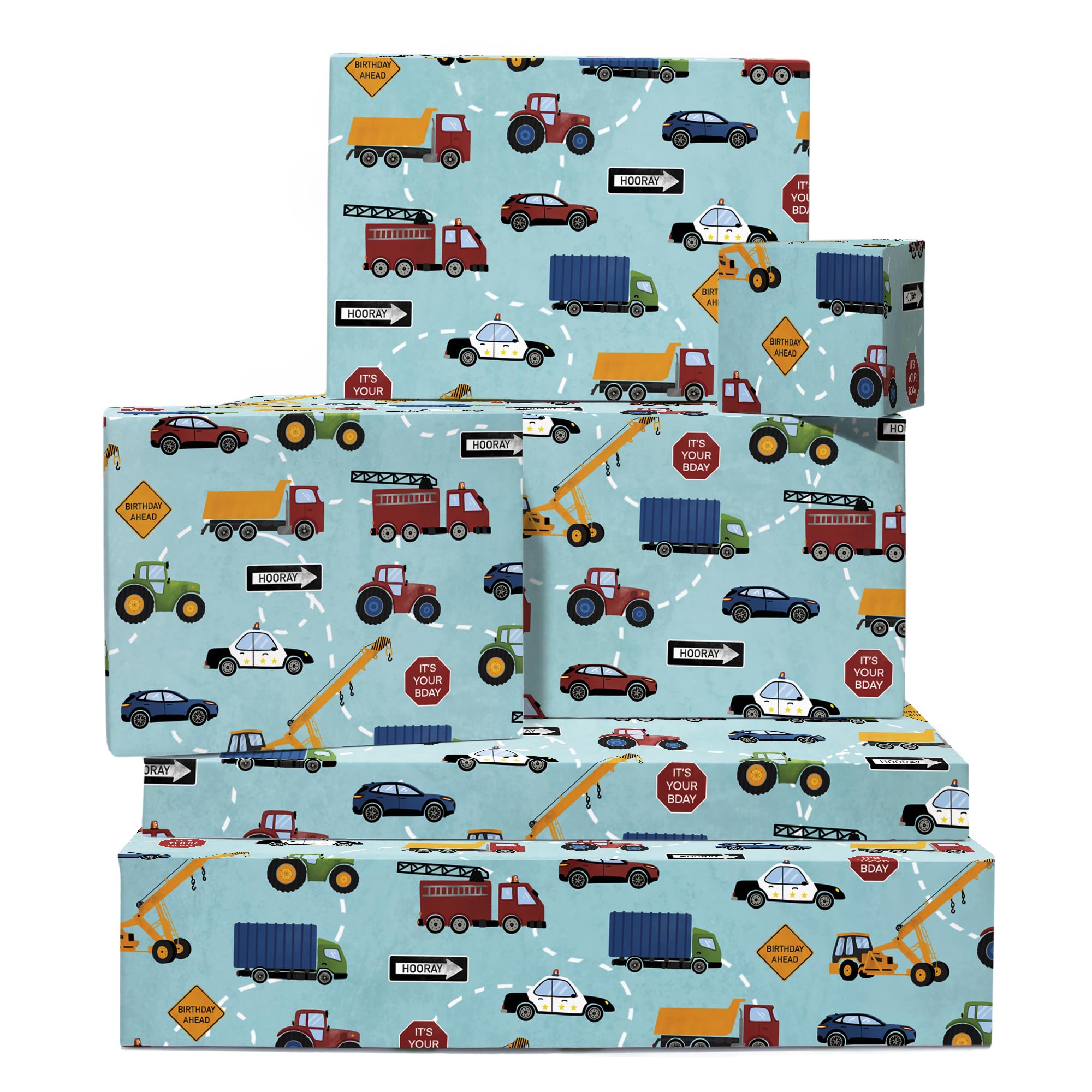 Christmas Wrapping Paper for Boys - 6 Sheets of Birthday, Gift Wrap - Police Cars Trucks and Tractors - For Kids - Children - Matte - Recyclable - By Central 23
