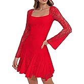 HYPERFIRE Women's Square Neck Floral Lace Mini Dress Flowy Short Dress Mesh Night Out Dresses Club Outfit