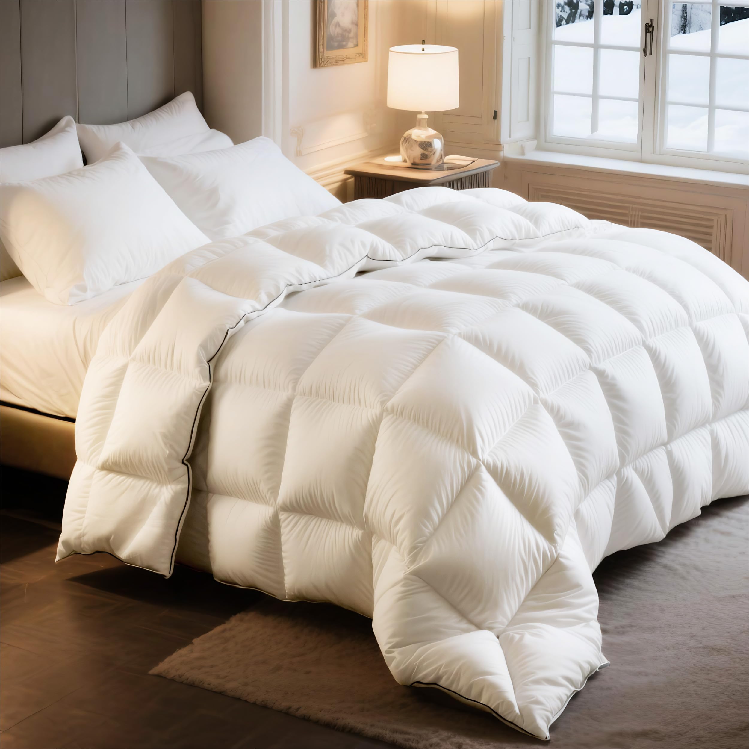 Photo 1 of Bedsure Feather Down Comforter King Size, Luxurious Fluffy Hotel Duvet Insert with Storage Bag & 8 Corner Tabs, Ultra Soft Cotton Blend Fabric (106x90 Inches, White)