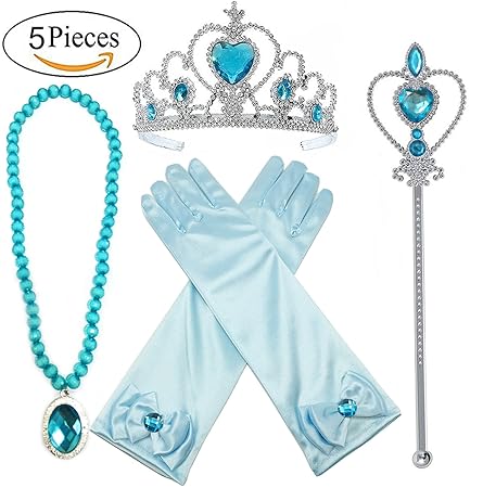 Alead Prinzessin Verkleiden Sich Elsa Blau 4 Stück Geschenk-Set Diadem,Handschuhe,Zauberstab,Halskette