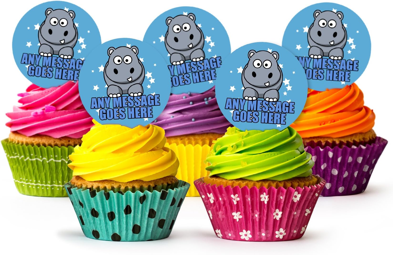 African Circus Animals Hippo V2 Stand UP Cupcake Toppers, 12 x 5cm, Personalised, Premium Wafer, Edible