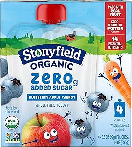 Stonyfield Organic Kids Zero Grams Added Sugar Blueberry Apple Carrot Whole Milk Yogurt, 3.5 oz Pouches, 4 ct Pack