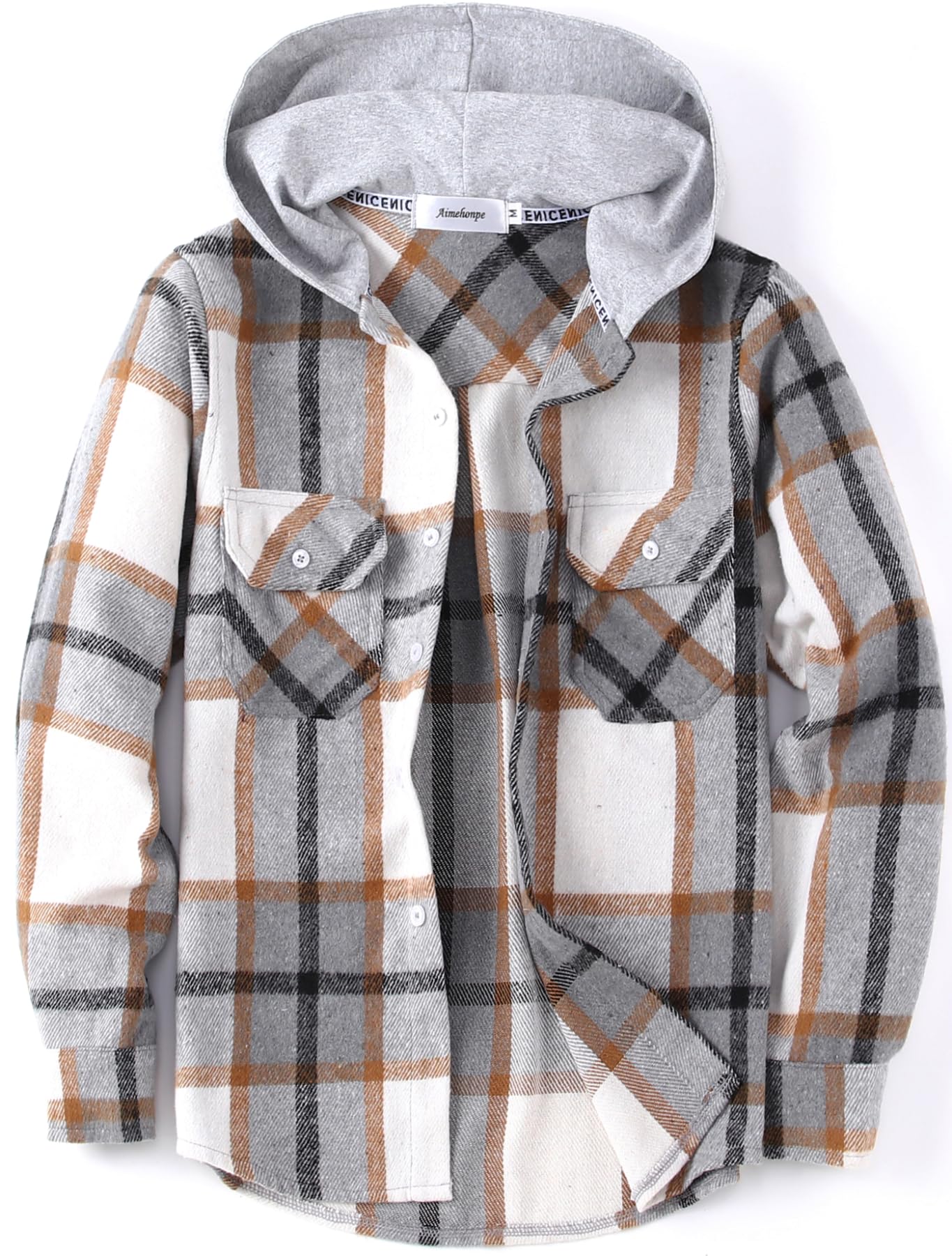 Photo 1 of Aimehonpe Boys Girls Casual Flannel Plaid Hoodies Fall Fashion Button Down Shirts Long Sleeve Cute Lightweight Jacket Coats, KhakiGrey, XX-Large