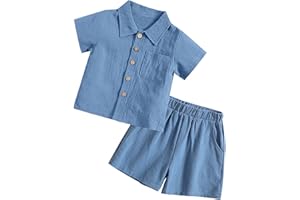 Happy Cherry Baby Boys Linen Outfits Cotton Button Down Shorts Set 2PCS Short Sleeve Clothes