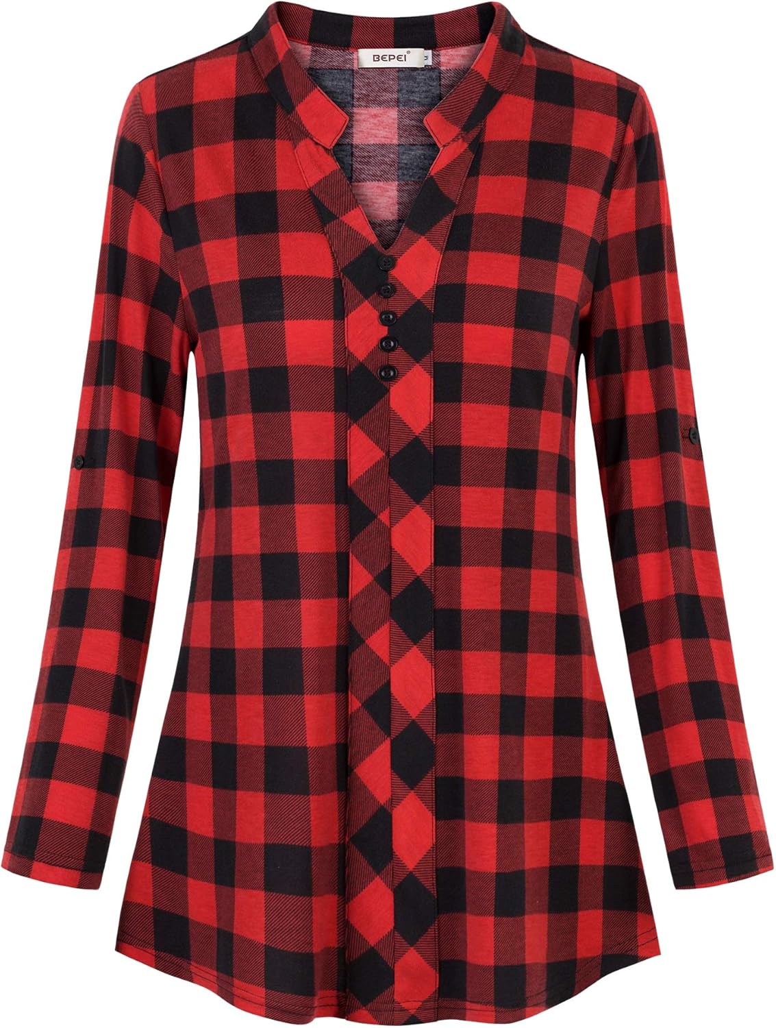 BEPEI Womens Roll-up 3/4 Long Sleeve Plaid Shirts Henley V Neck Casual Tunic Top: Clothing