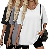Velvelhall 3 Pack Women Oversized T Shirts Waffle V Neck Half Sleeve Loose Fit Tees Summer Lounging Baggy Tops for Home