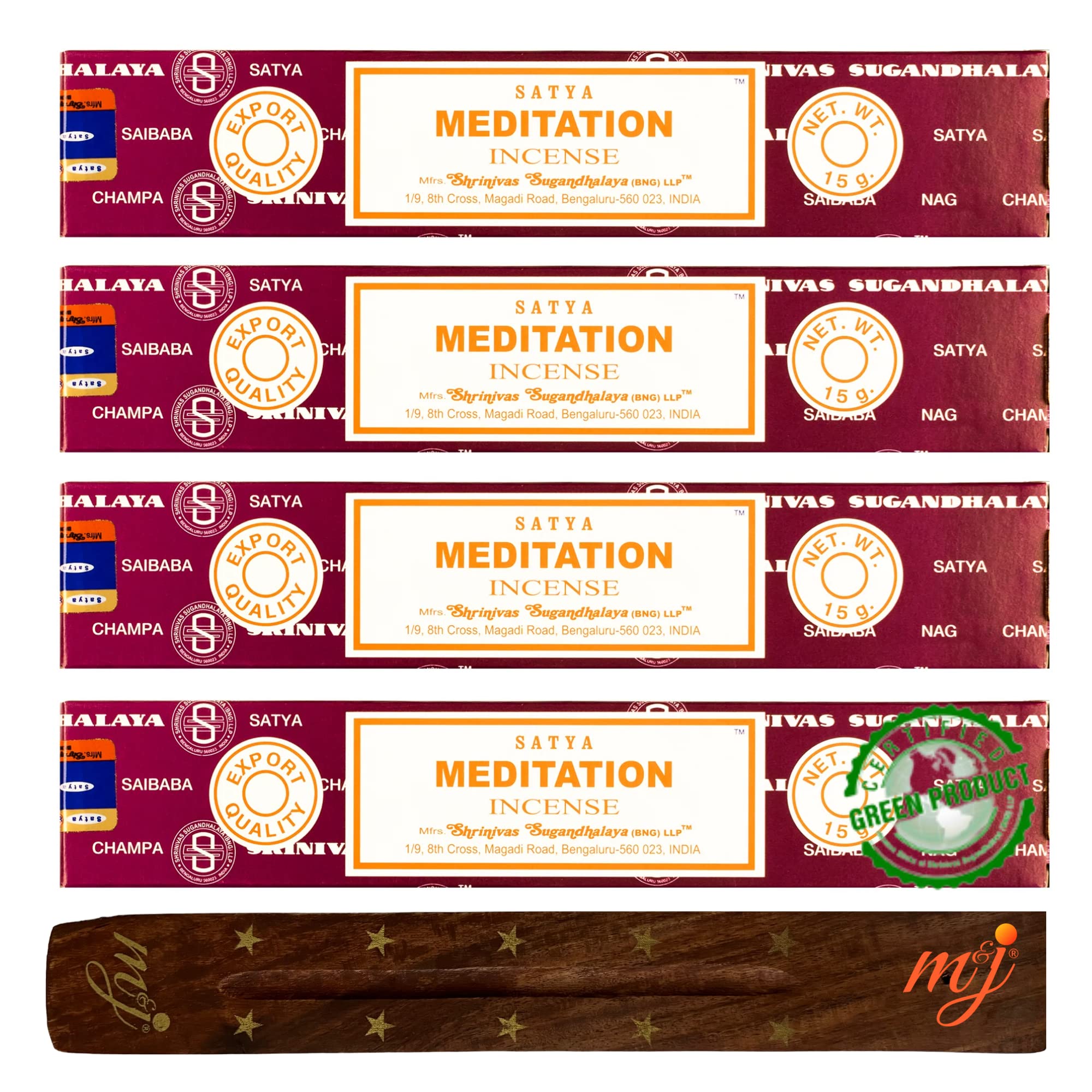 Original Satya Nag Champa Meditation Incense Sticks | with M&J incense sticks holder | x4 pack | for Aromatherapy, Spa, Yoga, Weddings, Meditation, Healing, Positivity and Relaxation — image 1
