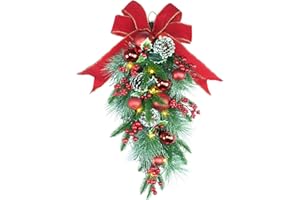 YULETIME 24" Pre-lit Decorative Teardrop Swag, Battery Operated Christmas Swag with Fairy Lights, Red Bowknot & Baubles, Pine Cones, Red Berries, Green Leaves Holly, Spruce Branches, Pine Needles